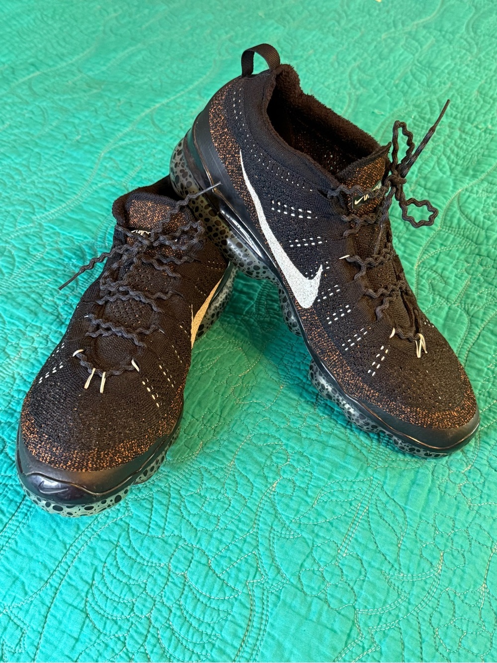 Nike Men’s Black and Copper Vapormax Athletic Shoes with White Swoosh